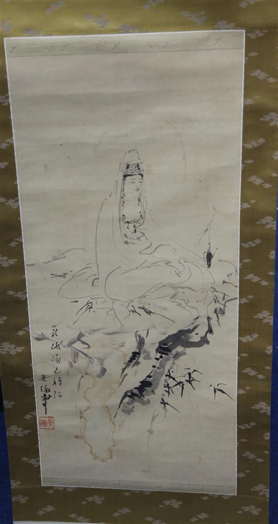 Two Japanese scroll paintings, late 19th / early 20th century, 23 x 29cm, gilt brocade borders